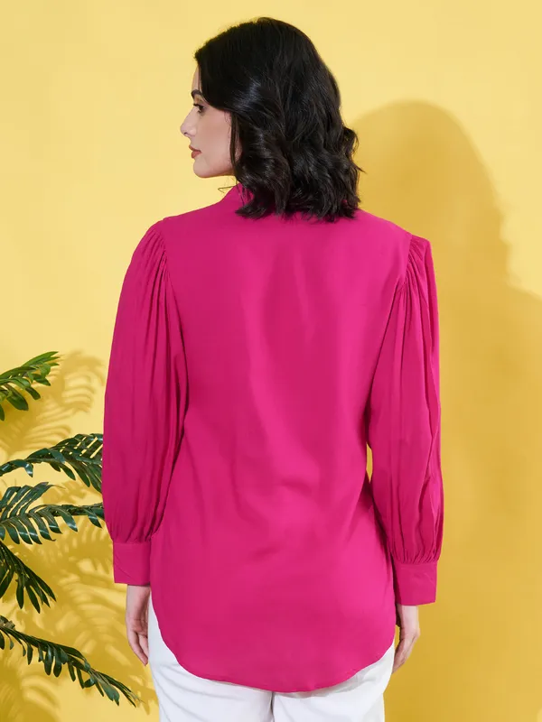 Women_Solid_Pink_Band_Collar_Button_Down_Standard_Length_Casual_Shirt
