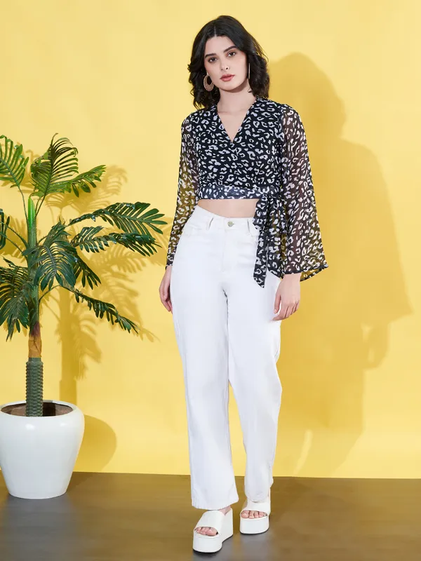 Women_Animal_Printed_Black_V_Neck_Chiffon_Waist_Tie-ups_Crop_Top