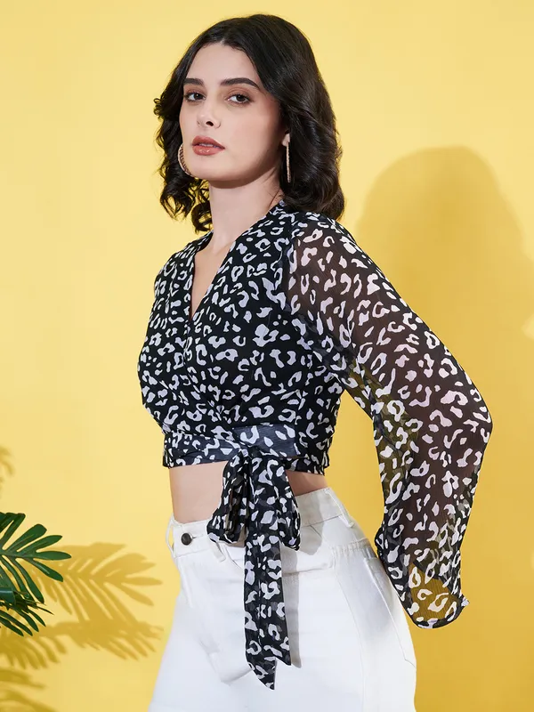 Women_Animal_Printed_Black_V_Neck_Chiffon_Waist_Tie-ups_Crop_Top