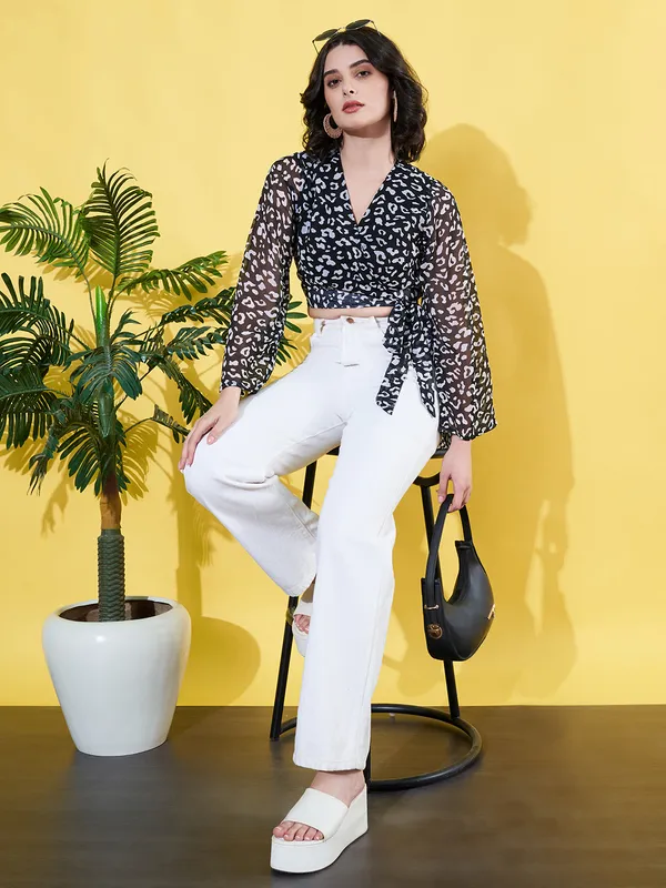 Women_Animal_Printed_Black_V_Neck_Chiffon_Waist_Tie-ups_Crop_Top