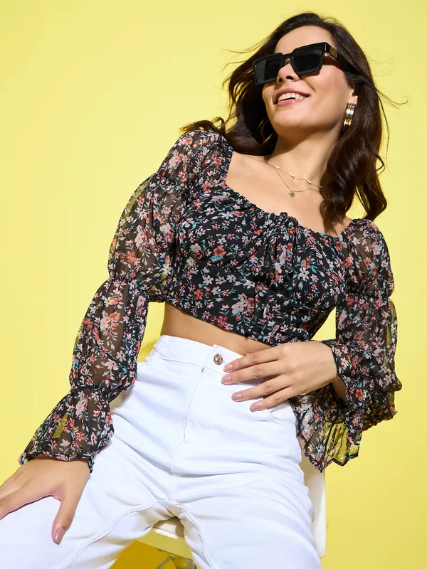 Black_Chiffon_Casual_Printed_Off_Shoulder_Regular_Fit_Top_For_Women