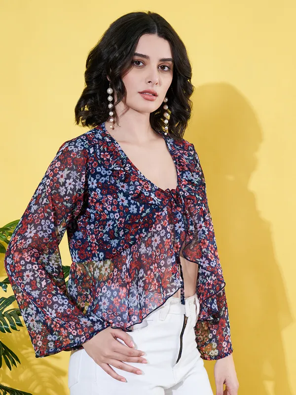 Women_Floral_Printed_Blue_Ruffled_Neck_Chiffon_Casual_Front_Tie-ups_Crop_Top