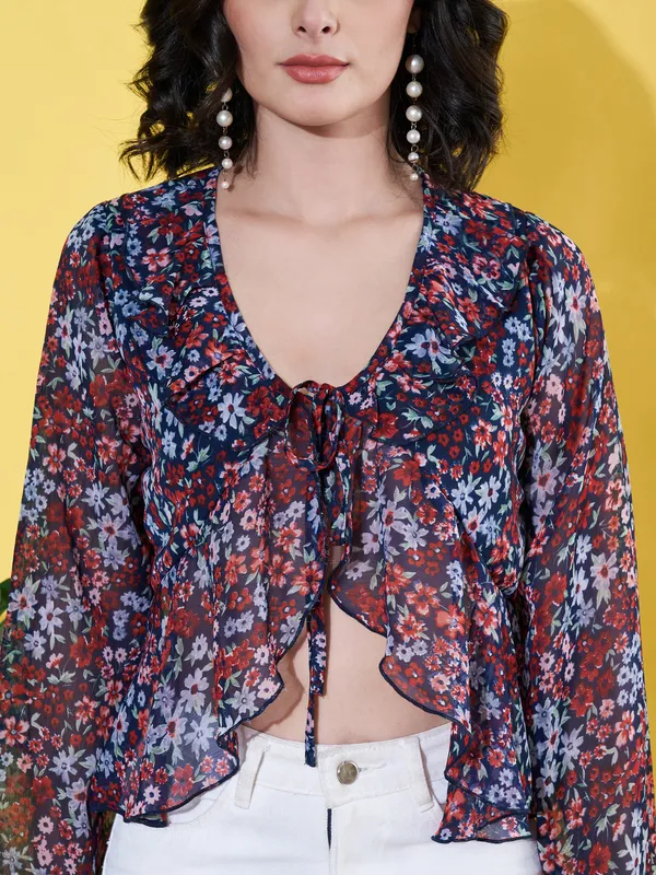 Women_Floral_Printed_Blue_Ruffled_Neck_Chiffon_Casual_Front_Tie-ups_Crop_Top
