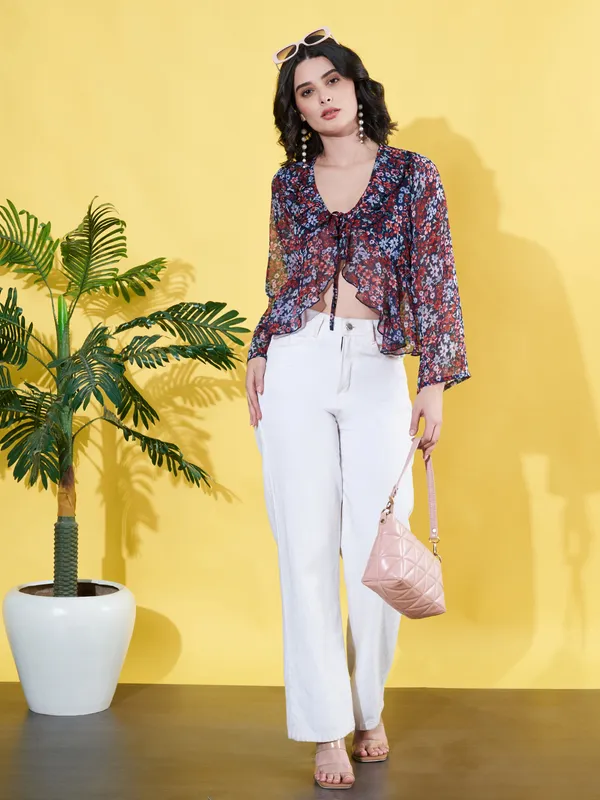 Women_Floral_Printed_Blue_Ruffled_Neck_Chiffon_Casual_Front_Tie-ups_Crop_Top