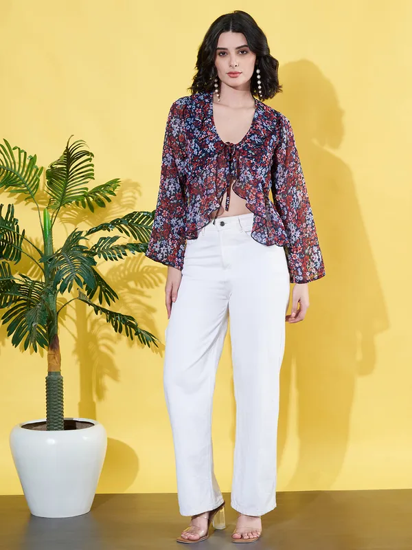 Women_Floral_Printed_Blue_Ruffled_Neck_Chiffon_Casual_Front_Tie-ups_Crop_Top