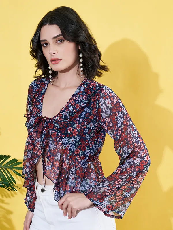 Women_Floral_Printed_Blue_Ruffled_Neck_Chiffon_Casual_Front_Tie-ups_Crop_Top