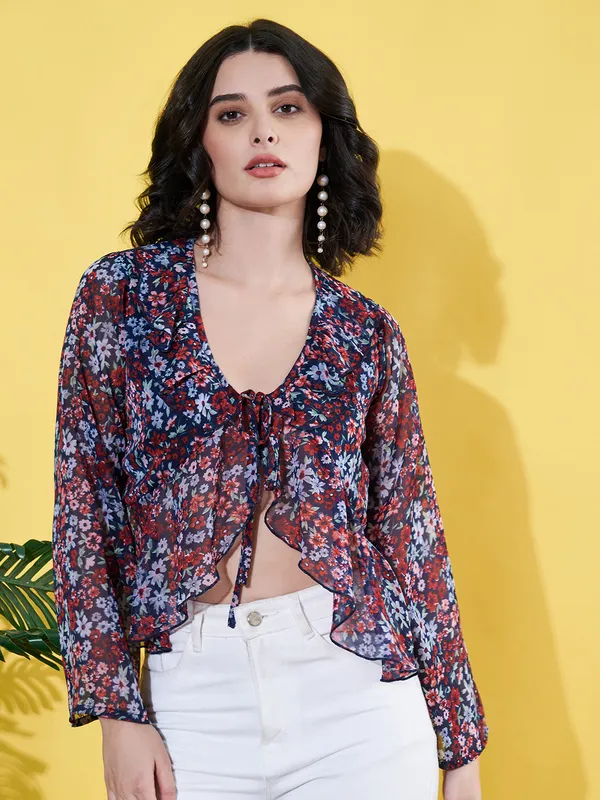 Women_Floral_Printed_Blue_Ruffled_Neck_Chiffon_Casual_Front_Tie-ups_Crop_Top