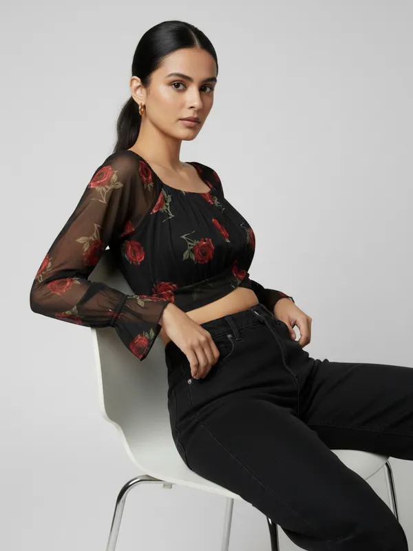 Women_Floral_Printed_Square_Neck_Net_Crop_Top