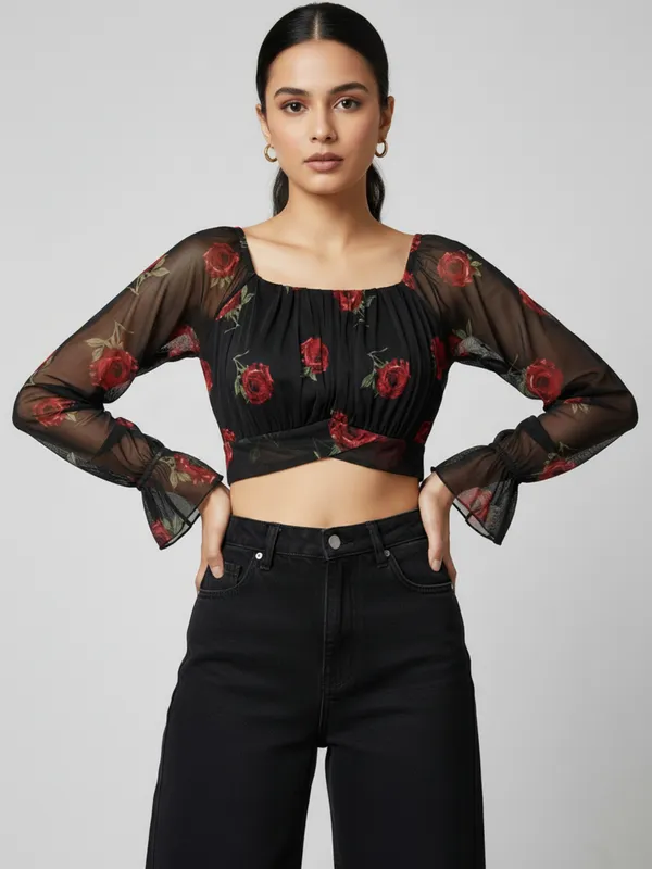 Women_Floral_Printed_Square_Neck_Net_Crop_Top