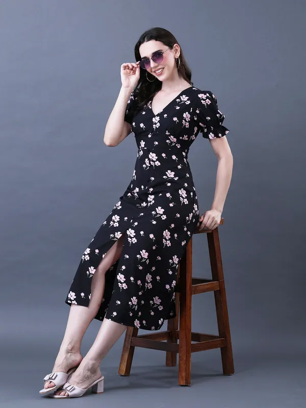 Floral_Printed_Black_Crepe_V_Neck_Puff_Sleeve_Fit_and_Flare_Midi_Dress