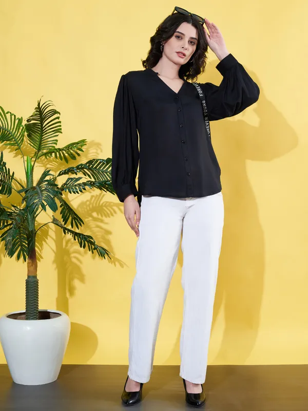 Women_Solid_Black_Band_Collar_Button_Down_Standard_Length_Casual_Shirt