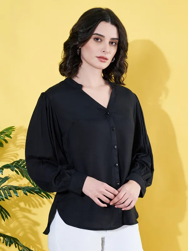 Women_Solid_Black_Band_Collar_Button_Down_Standard_Length_Casual_Shirt