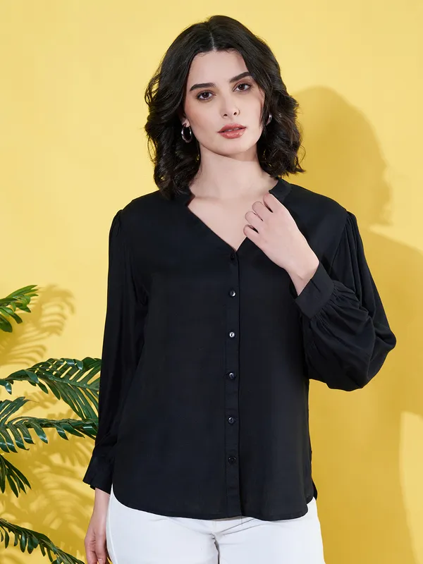 Women_Solid_Black_Band_Collar_Button_Down_Standard_Length_Casual_Shirt