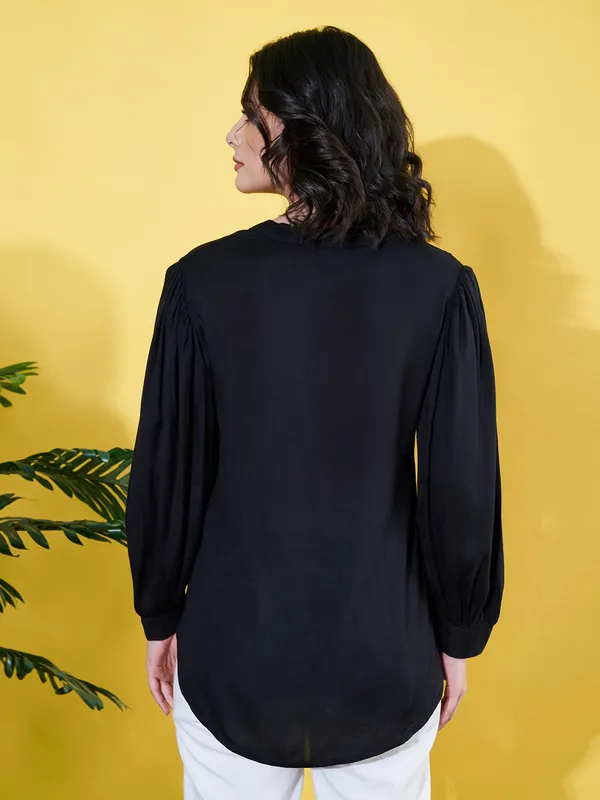 Women_Solid_Black_Band_Collar_Button_Down_Standard_Length_Casual_Shirt