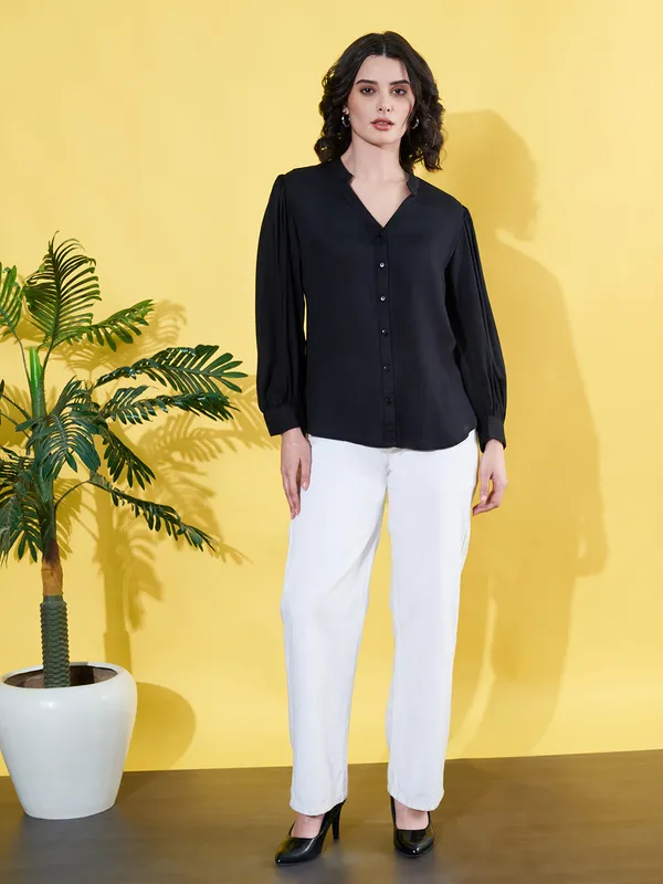 Women_Solid_Black_Band_Collar_Button_Down_Standard_Length_Casual_Shirt
