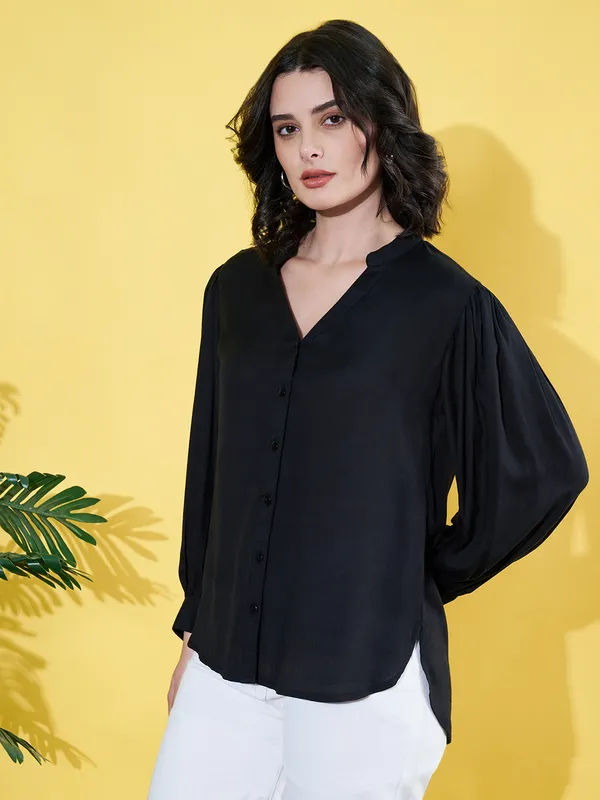 Women_Solid_Black_Band_Collar_Button_Down_Standard_Length_Casual_Shirt