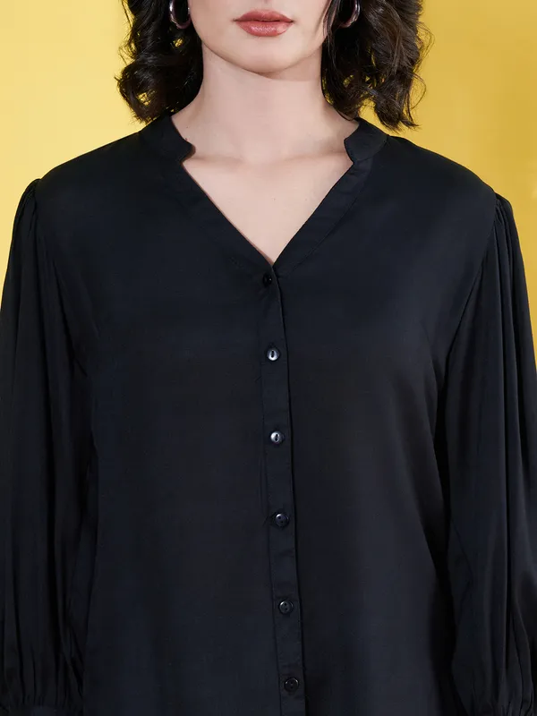 Women_Solid_Black_Band_Collar_Button_Down_Standard_Length_Casual_Shirt