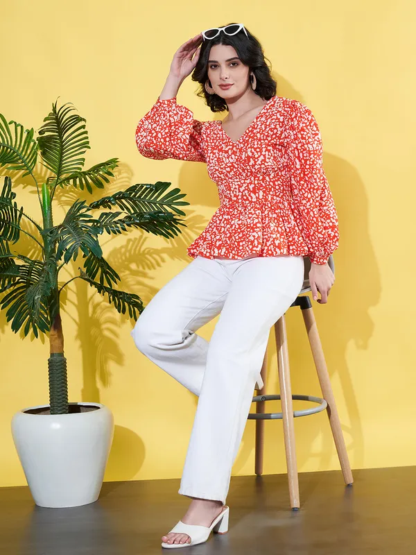 Women_Floral_Printed_Orange_V_Neck_Crepe_Casual_Peplum_Top