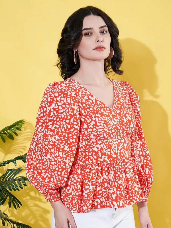 Women_Floral_Printed_Orange_V_Neck_Crepe_Casual_Peplum_Top
