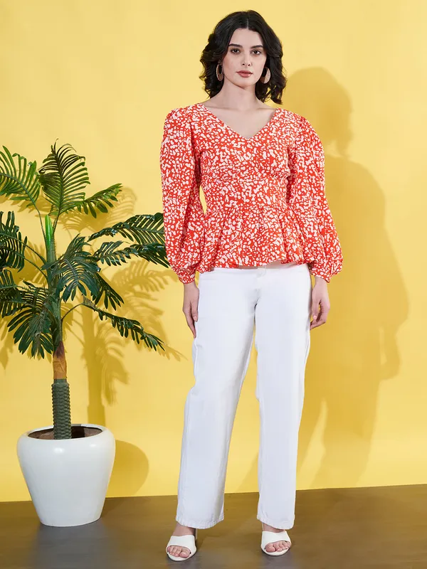 Women_Floral_Printed_Orange_V_Neck_Crepe_Casual_Peplum_Top