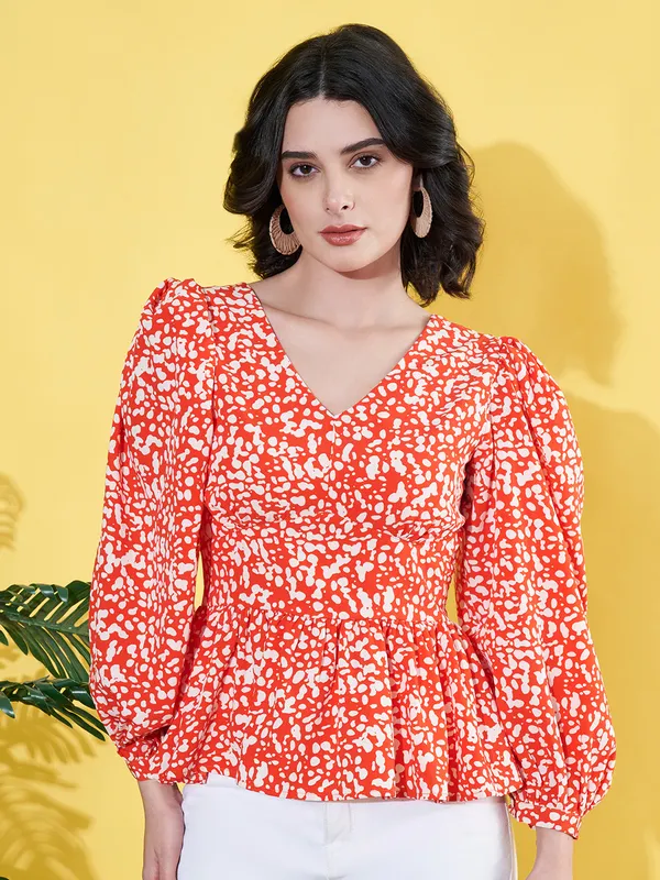 Women_Floral_Printed_Orange_V_Neck_Crepe_Casual_Peplum_Top