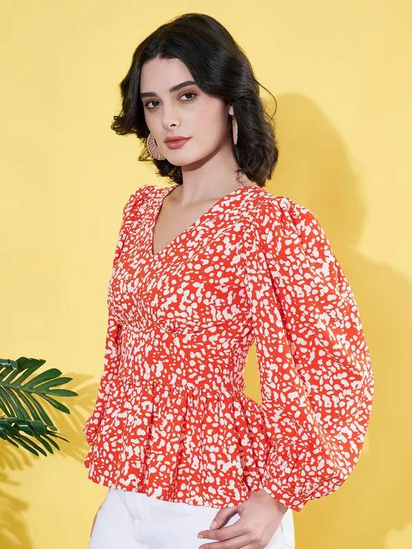 Women_Floral_Printed_Orange_V_Neck_Crepe_Casual_Peplum_Top