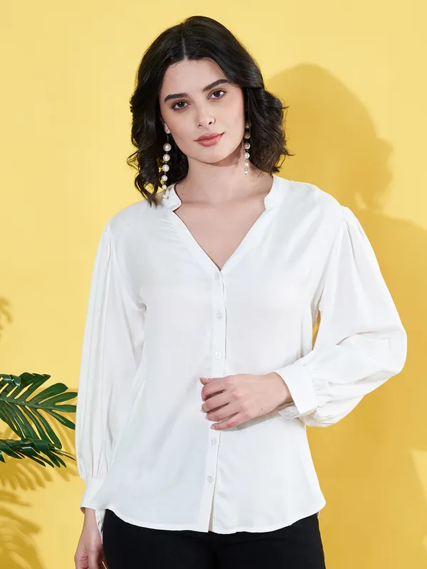 Women_Solid_White_Band_Collar_Button_Down_Standard_Length_Casual_Shirt