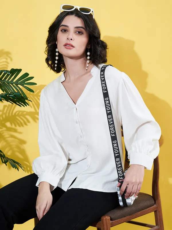 Women_Solid_White_Band_Collar_Button_Down_Standard_Length_Casual_Shirt