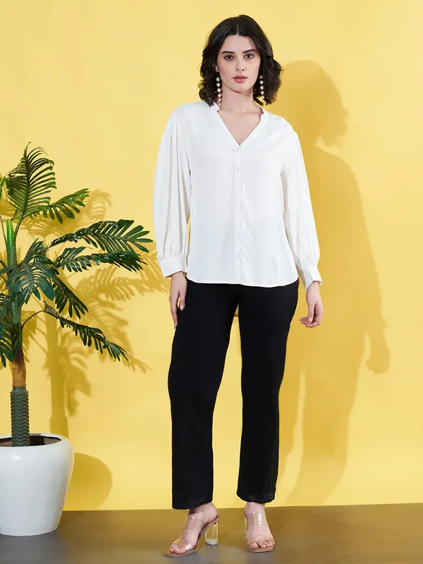 Women_Solid_White_Band_Collar_Button_Down_Standard_Length_Casual_Shirt