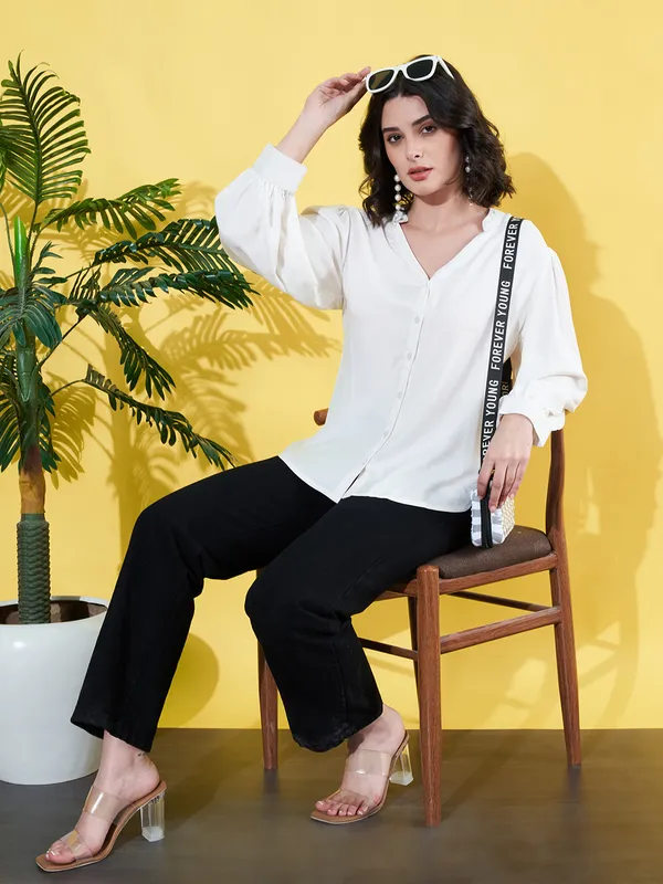 Women_Solid_White_Band_Collar_Button_Down_Standard_Length_Casual_Shirt