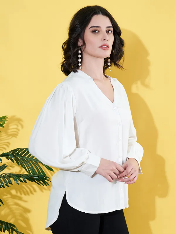Women_Solid_White_Band_Collar_Button_Down_Standard_Length_Casual_Shirt