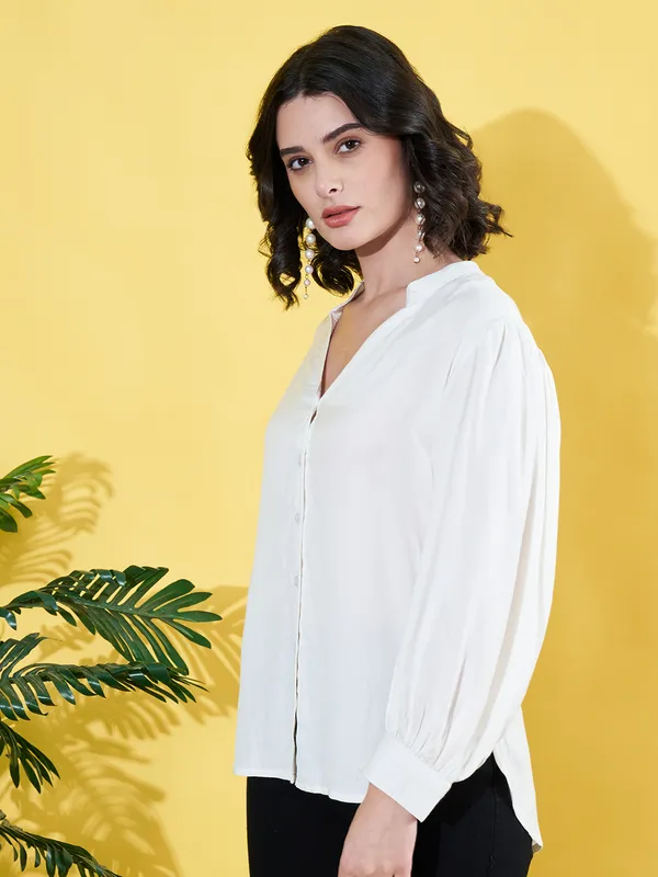 Women_Solid_White_Band_Collar_Button_Down_Standard_Length_Casual_Shirt