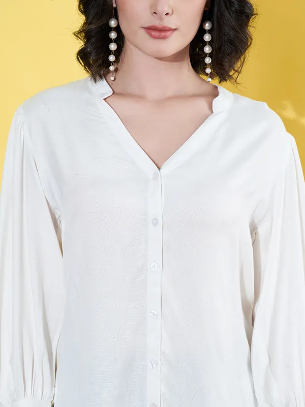 Women_Solid_White_Band_Collar_Button_Down_Standard_Length_Casual_Shirt