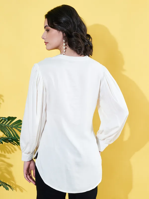 Women_Solid_White_Band_Collar_Button_Down_Standard_Length_Casual_Shirt