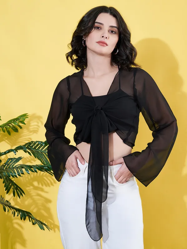 Solid_Black_Long_Sleeve_Front_Tie-ups_Georgette_Casual_Crop_Sheer_Shrug