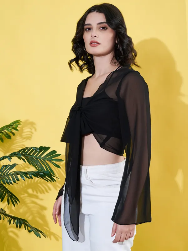 Solid_Black_Long_Sleeve_Front_Tie-ups_Georgette_Casual_Crop_Sheer_Shrug