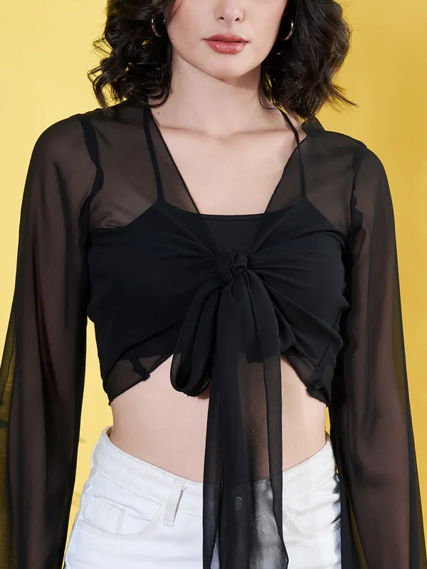 Solid_Black_Long_Sleeve_Front_Tie-ups_Georgette_Casual_Crop_Sheer_Shrug