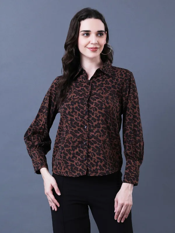 Women_Animal_Printed_Brown_Collared_Neck_Long_Sleeve_Crepe_Casual_Regular_Shirt