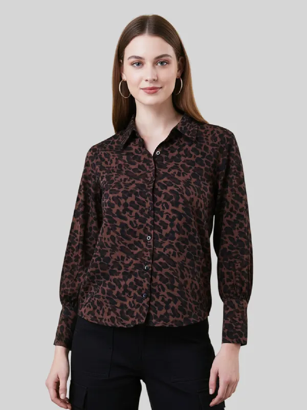 Women_Animal_Printed_Brown_Collared_Neck_Long_Sleeve_Crepe_Casual_Regular_Shirt