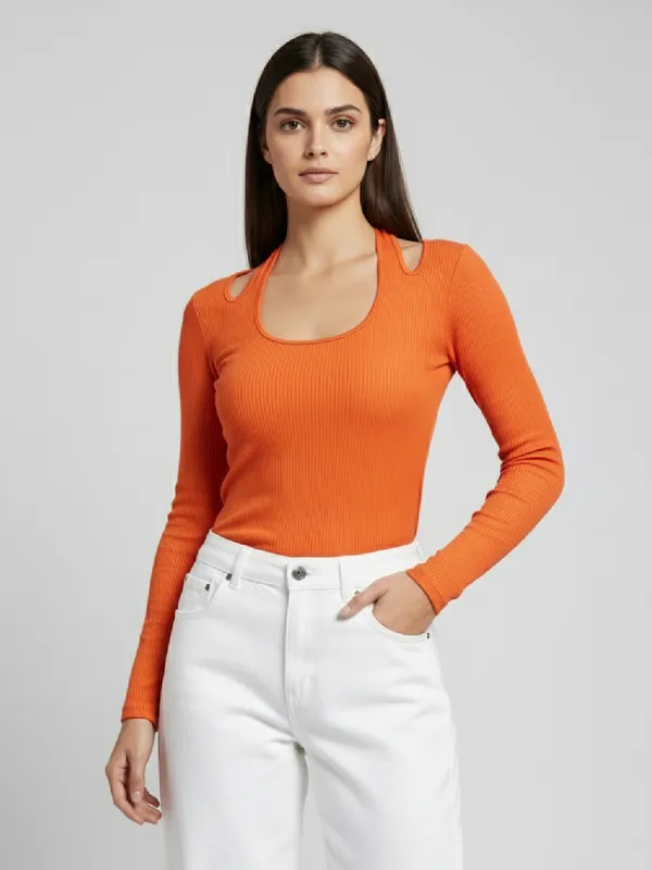 Women_Orange_Stylish_Neck_Long_Sleeve_Ribbed_Regular_Top
