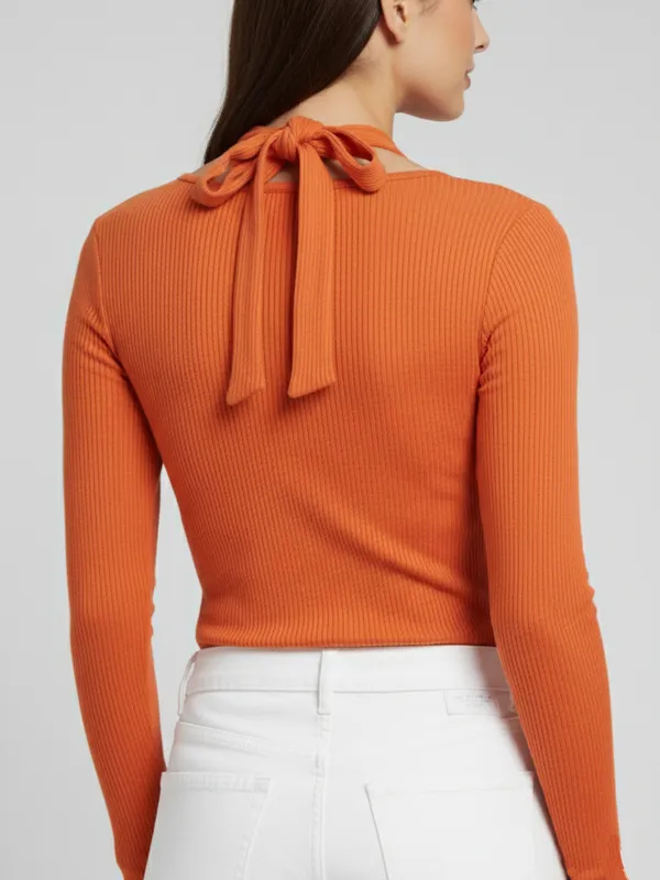 Women_Orange_Stylish_Neck_Long_Sleeve_Ribbed_Regular_Top