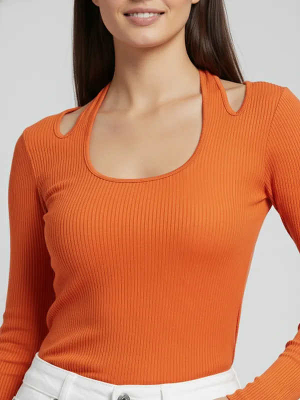 Women_Orange_Stylish_Neck_Long_Sleeve_Ribbed_Regular_Top