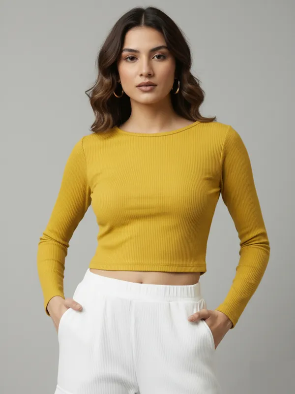 Women's_Stylish_Solid_Yellow_Round_Neck_Long_Sleeve_Casual_Ribbed_Crop_Top_||_Women_Boat_Neck_Full_Sleeve_Fitted_Crop_Top