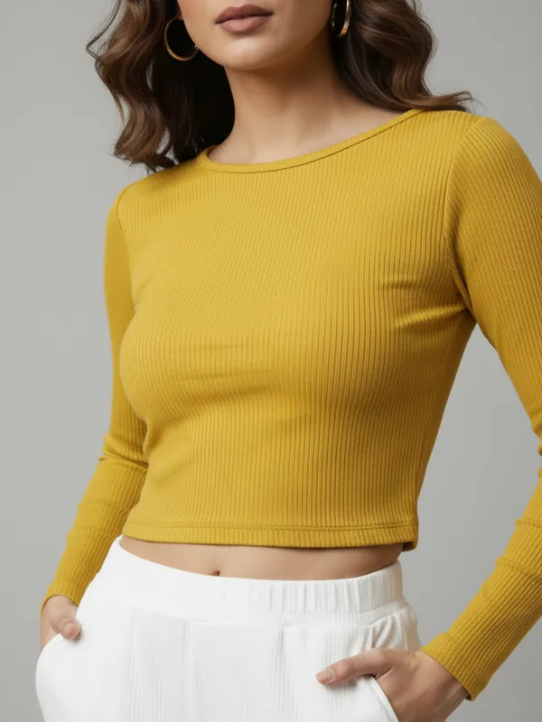 Women's_Stylish_Solid_Yellow_Round_Neck_Long_Sleeve_Casual_Ribbed_Crop_Top_||_Women_Boat_Neck_Full_Sleeve_Fitted_Crop_Top