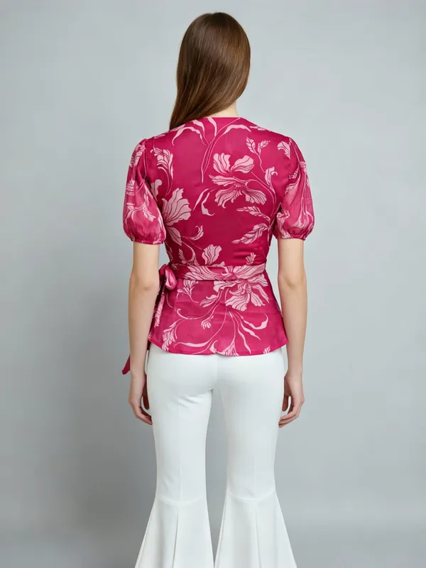 Women_Floral_Printed_Hot_Pink_Chiffon_V_Neck_Short_Puff_Sleeve_Casual_Wrap_Top
