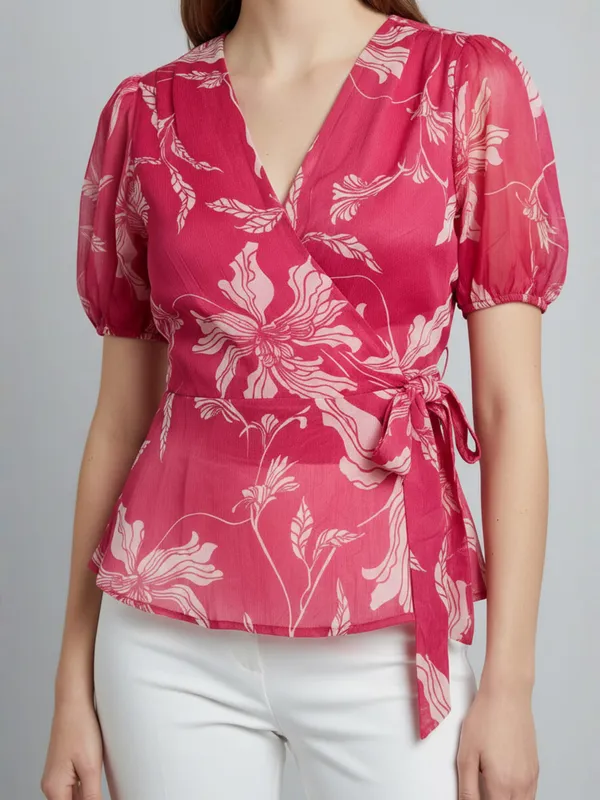 Women_Floral_Printed_Hot_Pink_Chiffon_V_Neck_Short_Puff_Sleeve_Casual_Wrap_Top