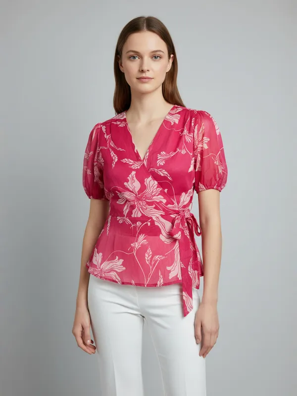 Women_Floral_Printed_Hot_Pink_Chiffon_V_Neck_Short_Puff_Sleeve_Casual_Wrap_Top