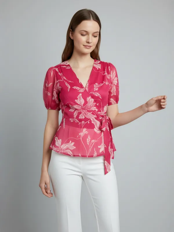 Women_Floral_Printed_Hot_Pink_Chiffon_V_Neck_Short_Puff_Sleeve_Casual_Wrap_Top