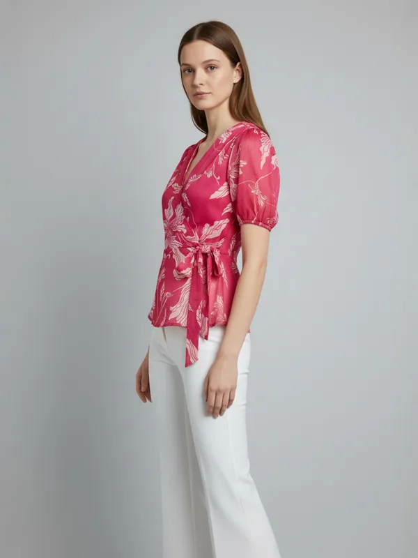 Women_Floral_Printed_Hot_Pink_Chiffon_V_Neck_Short_Puff_Sleeve_Casual_Wrap_Top