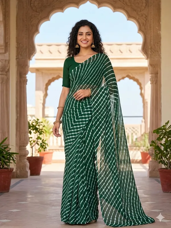 Dark_Green_white_Hand_Leheriya_Light_Weight_Saree_With_Blouse_For_Women
